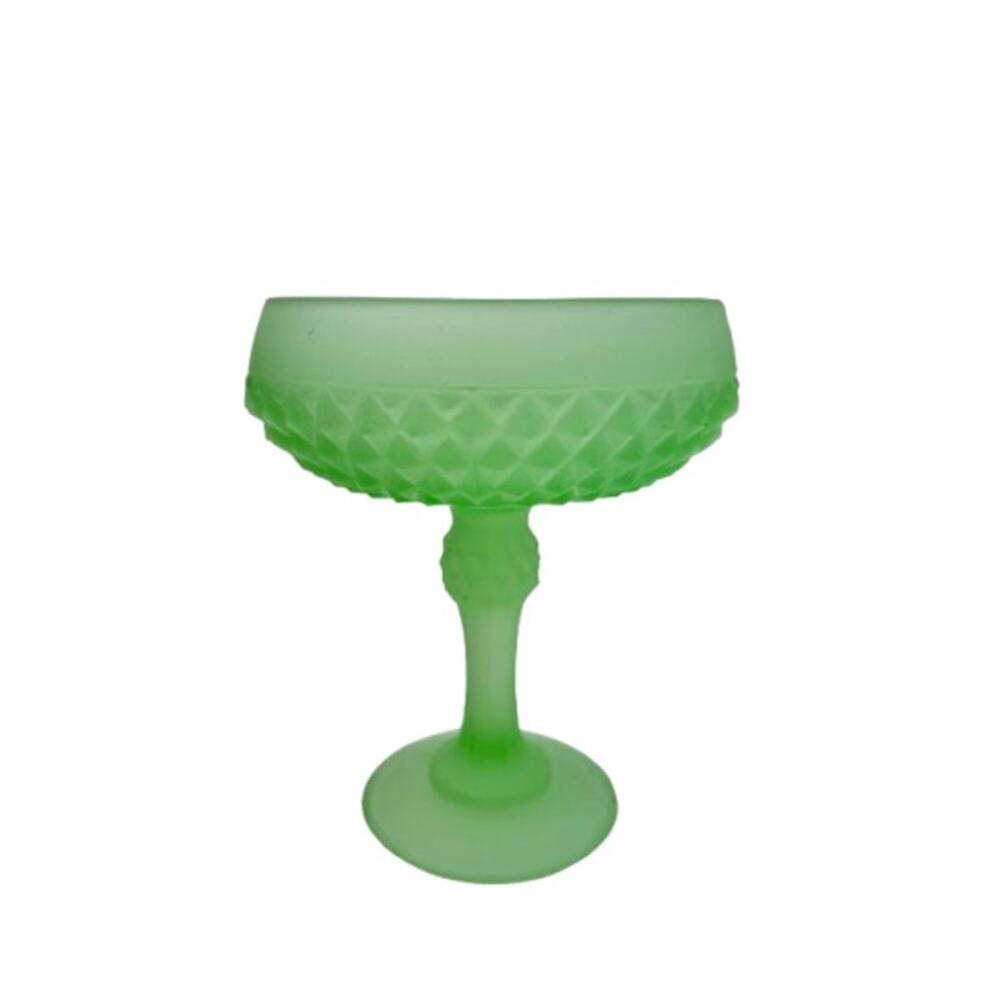 VTG Green Indiana Frosted Footed Pedestal Candy Dish Glass Compote Diamond Point